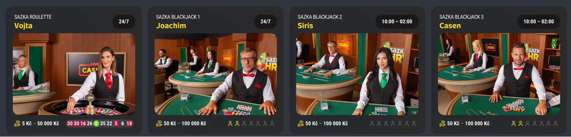 Live kasino stoly – Ruleta a Blackjack s profesionálními krupiéry, nonstop nebo večerní provoz Živá hra v kasinu: ruleta s krupiérkou Vojta a blackjack stoly s krupiéry Joachimem, Siris a Casenem